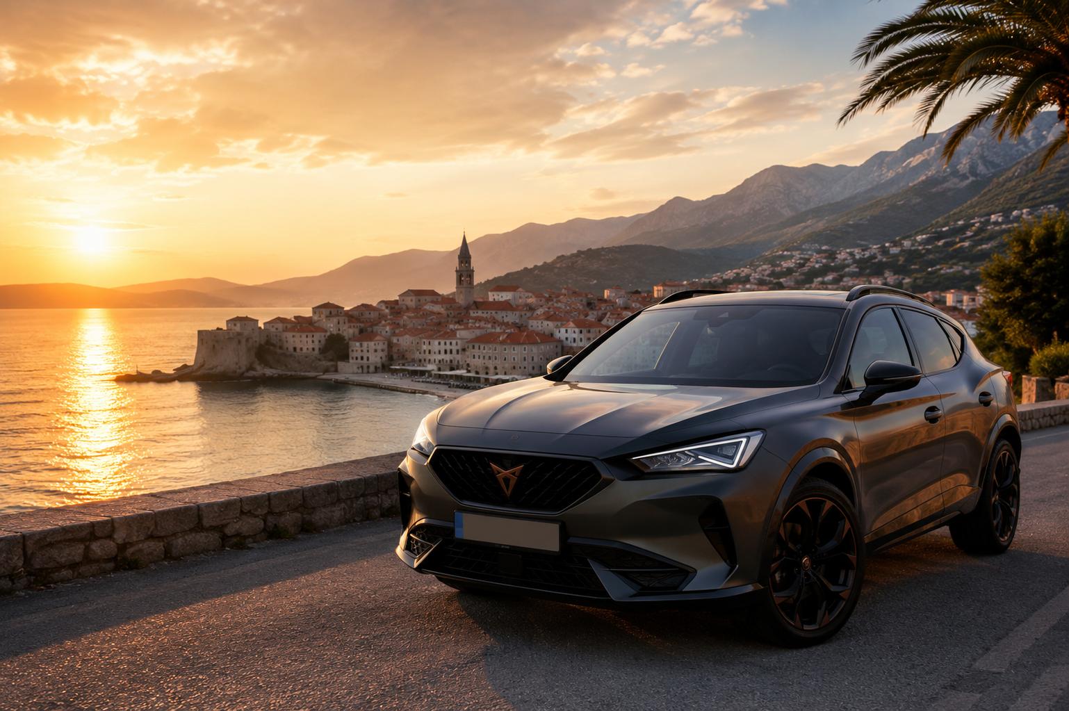 Cupra Formentor overlooking Budva old town at sunset